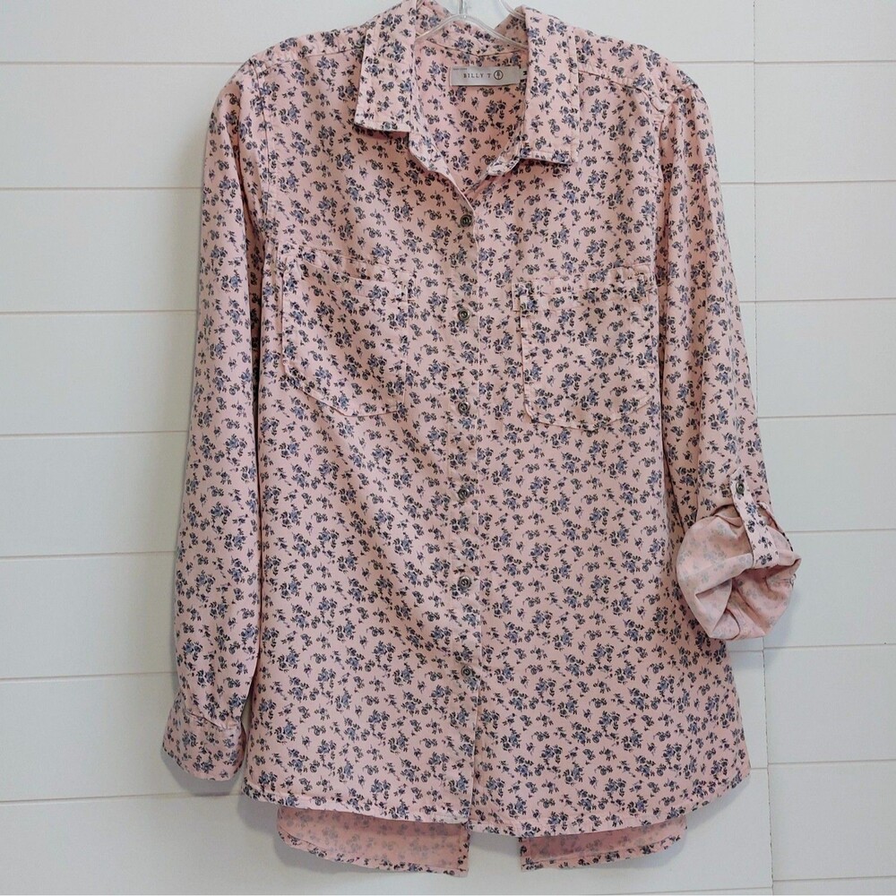 Billy T Floral Tencel Roll-Up Sleeves Shirt Women's Medium Split Back Cottage